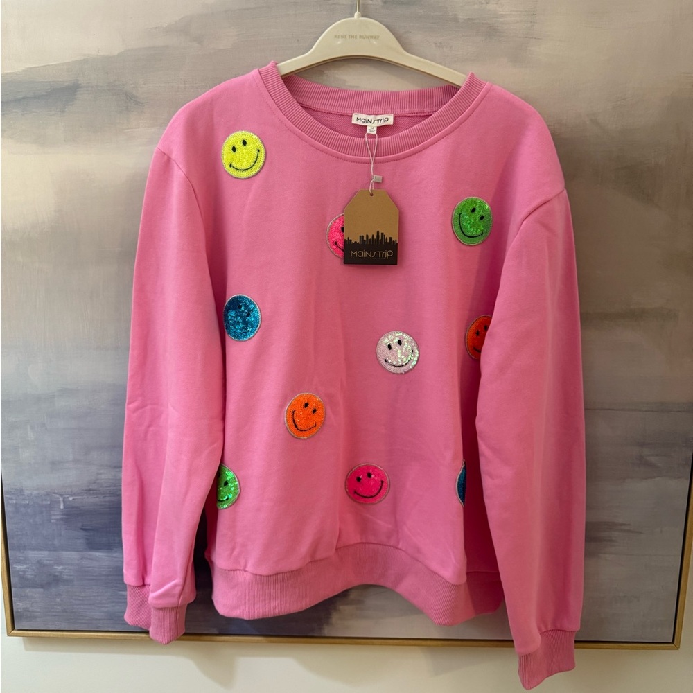 Pink Smiley Face Sequin Crew Neck Sweatshirt - Picture 4 of 9
